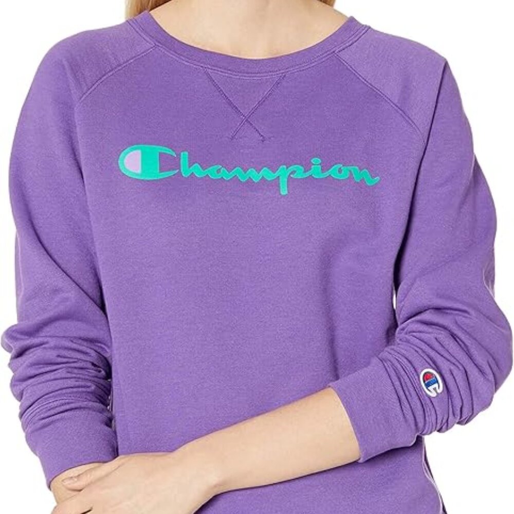 Champion Women's Purple Crush Powerblend Fleece Crewneck Boyfriend Sweatshirt L